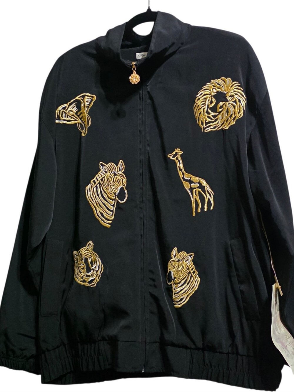 Mureli Black Gold Zip Front Oversized L Wildlife Embroiderd Jacket NWT